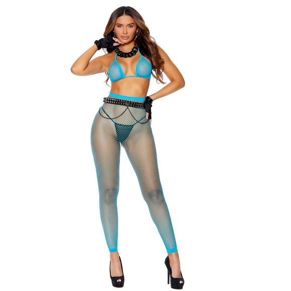 Sheer Diamond Net Bra Top and Leggings Set Blue - Picture 3 of 5